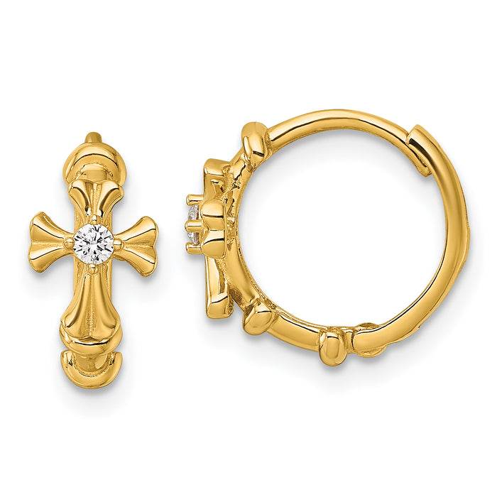 14k Polished CZ Cross Hinged Round Hoop Earrings-YE2231