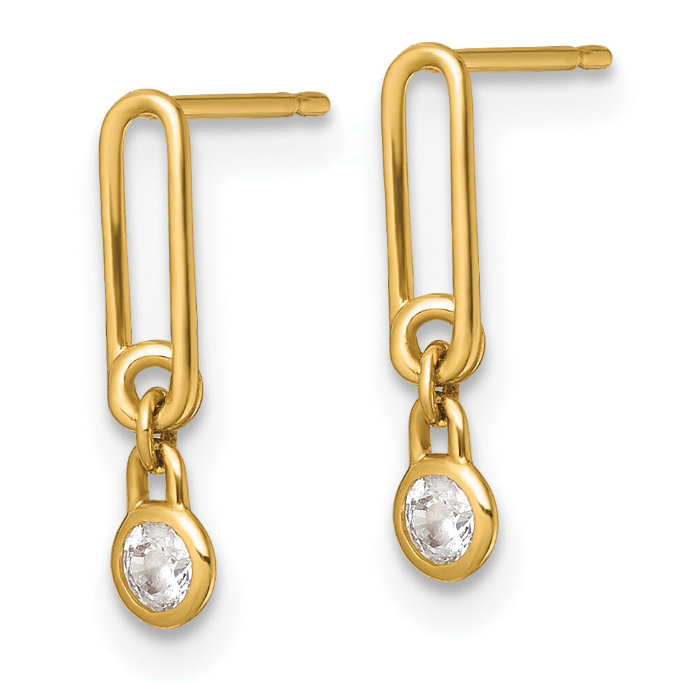 14k Polished CZ Paperclip Link Post Dangle Earrings-YE2274