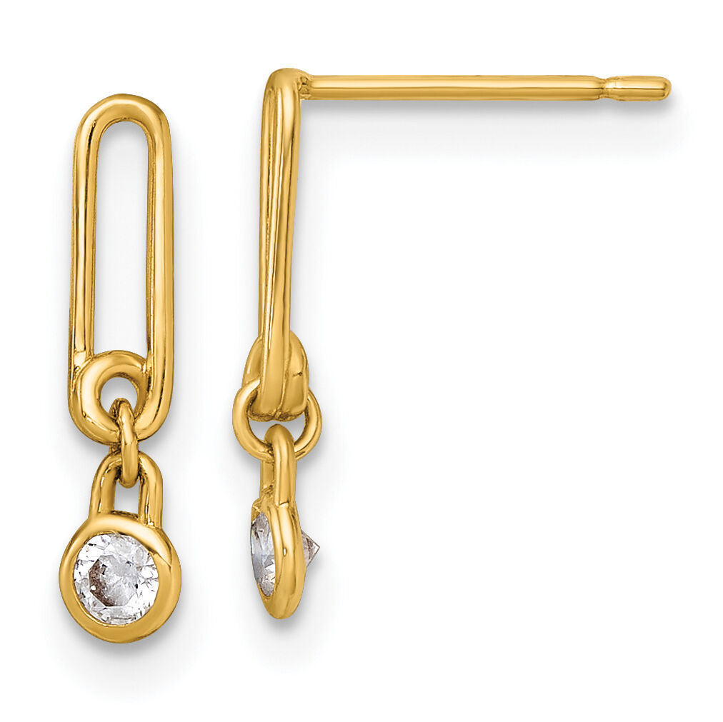 14k Polished CZ Paperclip Link Post Dangle Earrings-YE2274