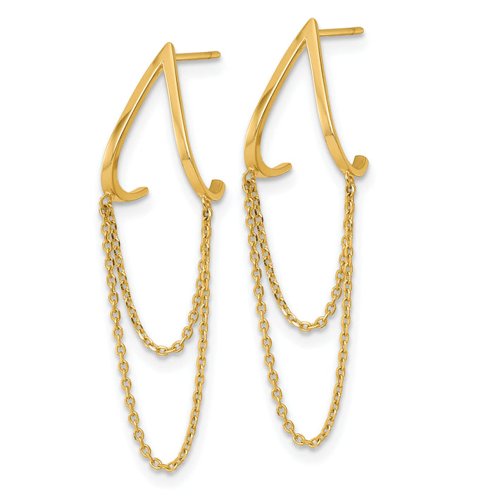 14k Polished V Design with Dangle Chain Post Earrings-YE2281