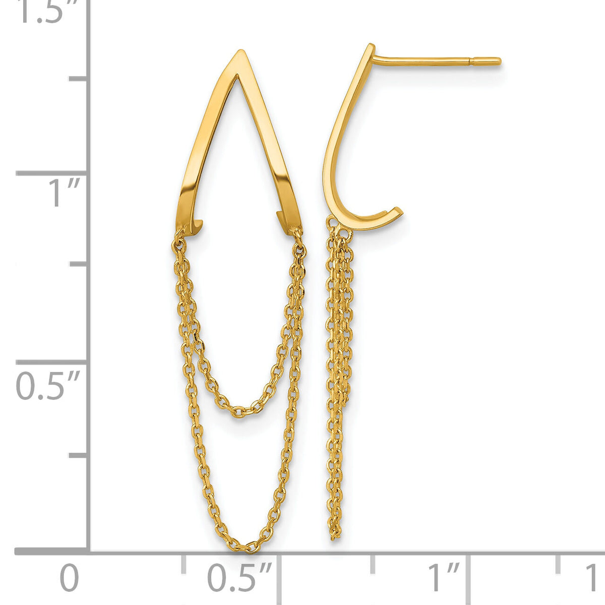 14k Polished V Design with Dangle Chain Post Earrings-YE2281