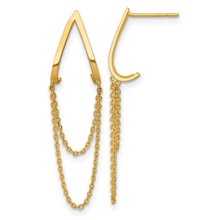 14k Polished V Design with Dangle Chain Post Earrings-YE2281