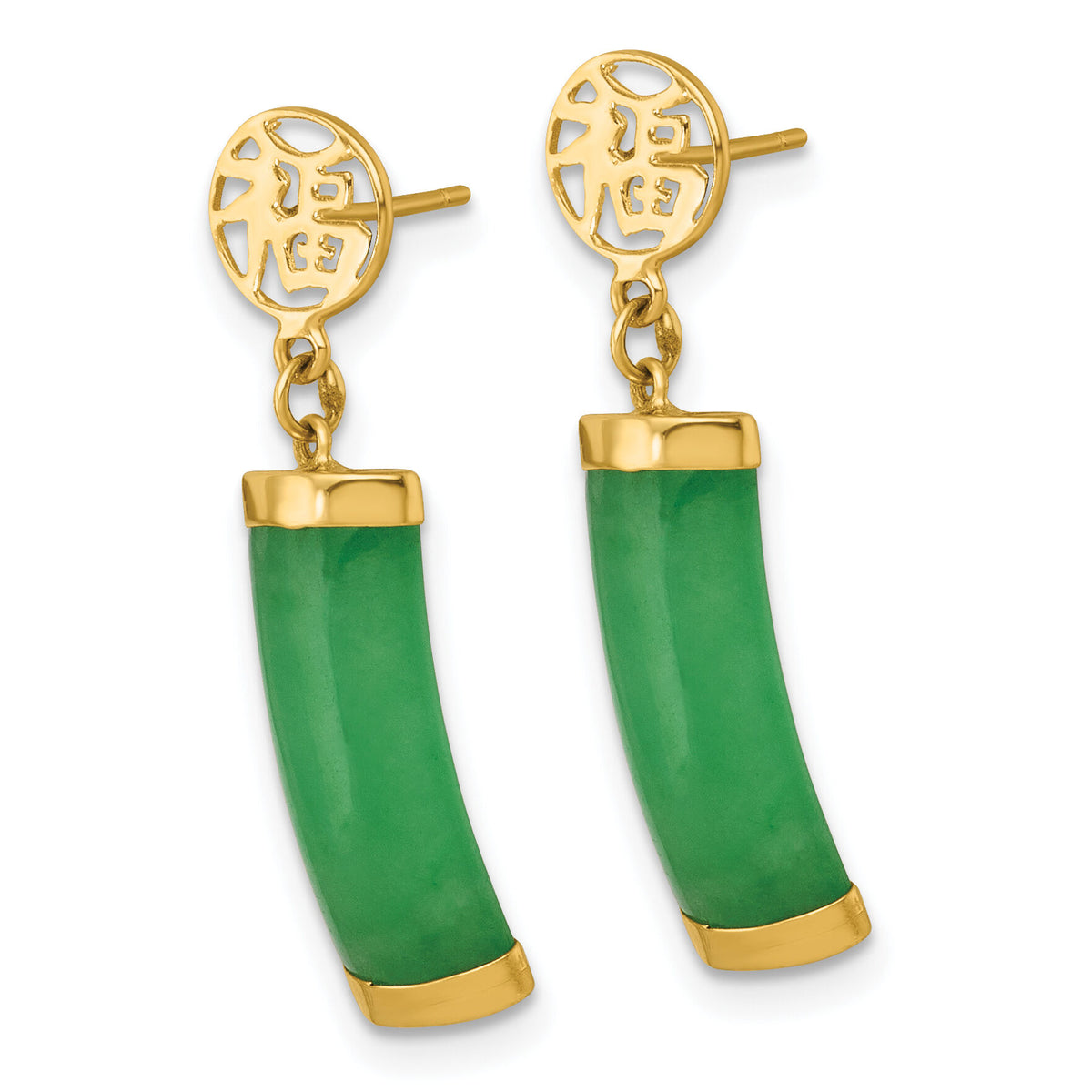 14K Polished Good Luck Symbol Jade Domed Bar Post Dangle Earrings-YE2283