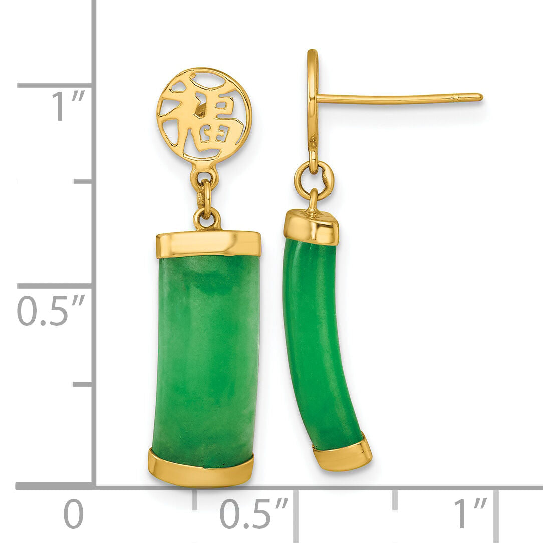 14K Polished Good Luck Symbol Jade Domed Bar Post Dangle Earrings-YE2283