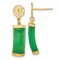 14K Polished Good Luck Symbol Jade Domed Bar Post Dangle Earrings-YE2283