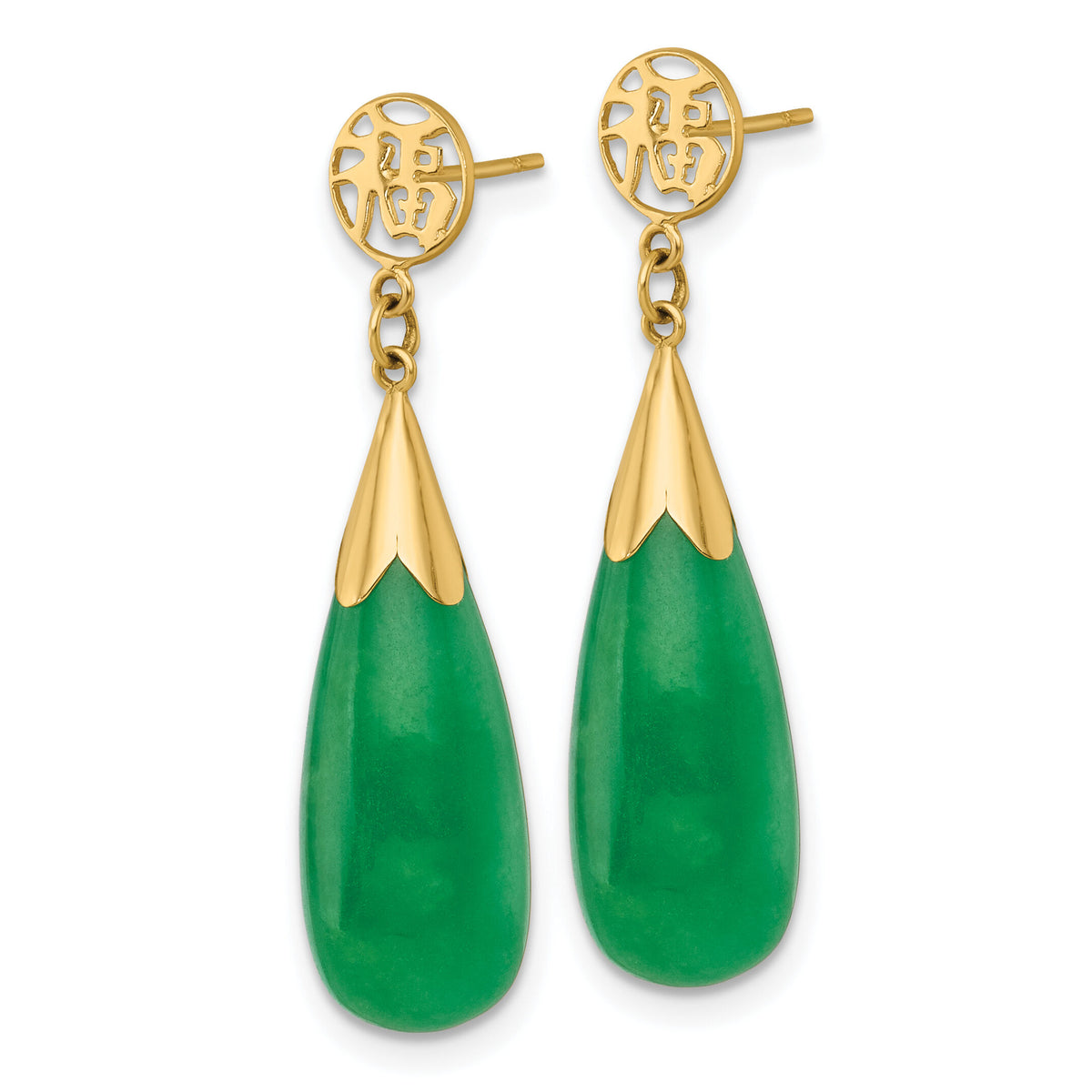 14K Polished Good Luck Symbol Jade Teardrop Post Dangle Earrings-YE2285