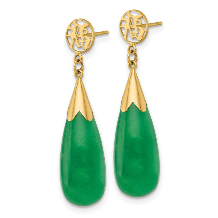 14K Polished Good Luck Symbol Jade Teardrop Post Dangle Earrings-YE2285