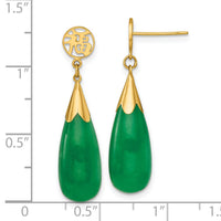 14K Polished Good Luck Symbol Jade Teardrop Post Dangle Earrings-YE2285