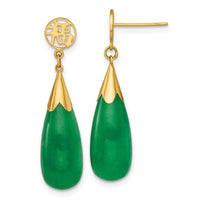 14K Polished Good Luck Symbol Jade Teardrop Post Dangle Earrings-YE2285