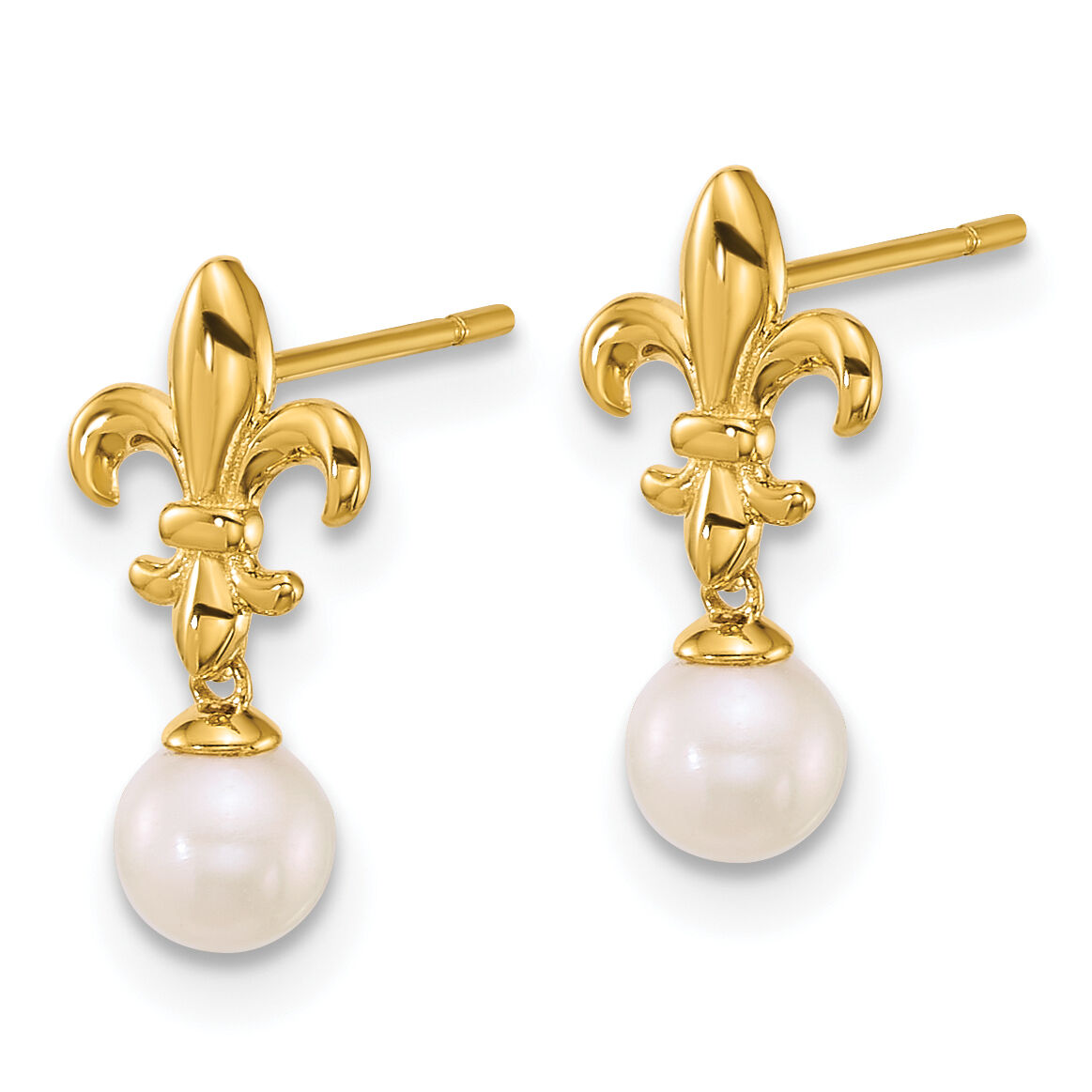 14k Polished Fleur de Lis 4mm FWC Pearl Post Dangle Earrings-YE2294