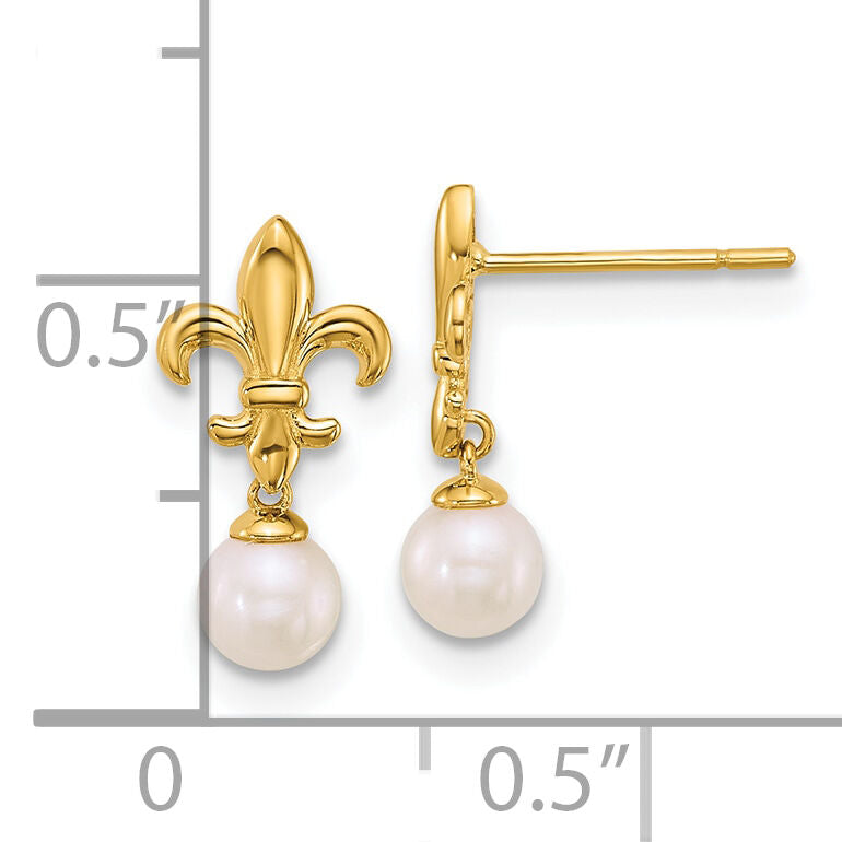 14k Polished Fleur de Lis 4mm FWC Pearl Post Dangle Earrings-YE2294