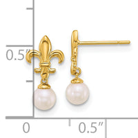 14k Polished Fleur de Lis 4mm FWC Pearl Post Dangle Earrings-YE2294