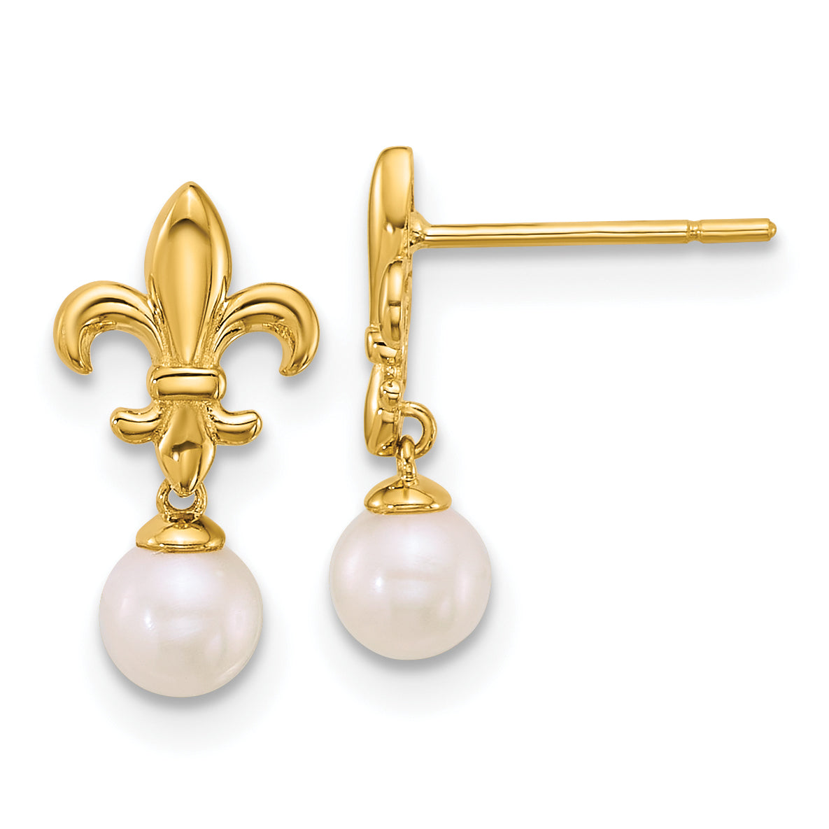 14k Polished Fleur de Lis 4mm FWC Pearl Post Dangle Earrings-YE2294