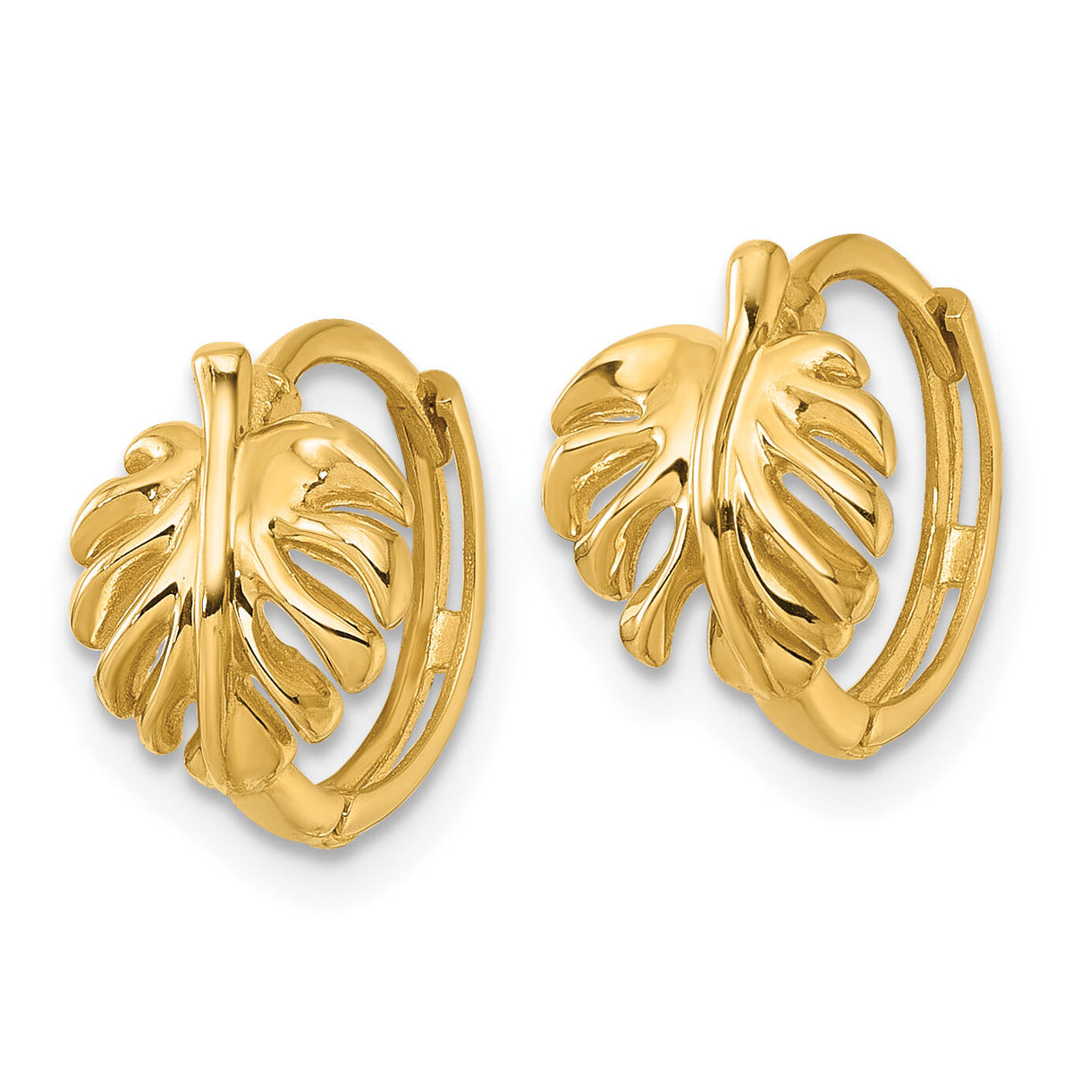 14k Polished Monstera Leaf Hinged Round Hoop Earrings-YE2298