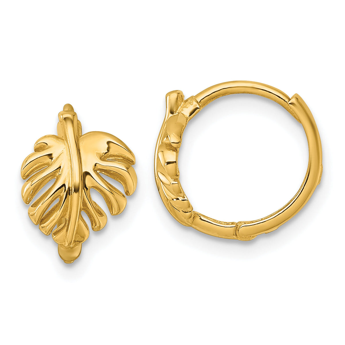 14k Polished Monstera Leaf Hinged Round Hoop Earrings-YE2298