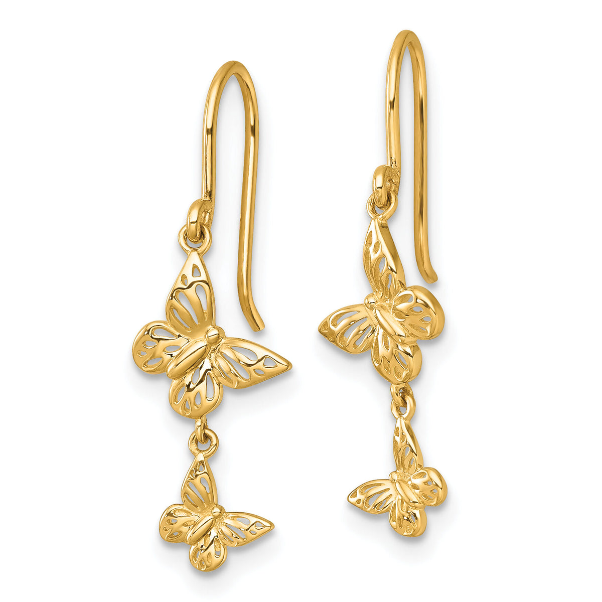 14k Polished Double Butterfly Moveable Dangle Shepherd Hook Earrings-YE2302