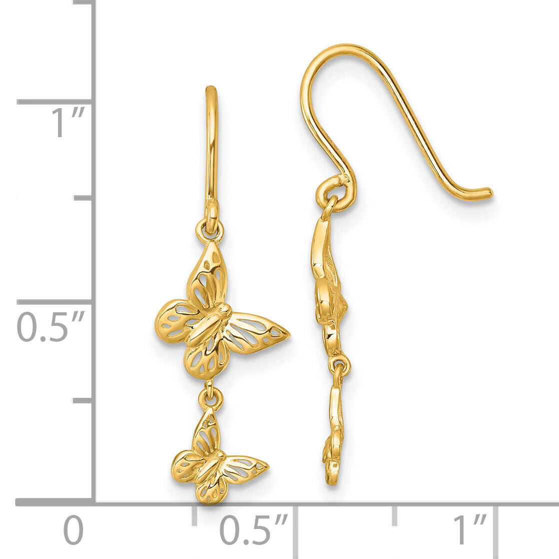 14k Polished Double Butterfly Moveable Dangle Shepherd Hook Earrings-YE2302