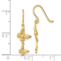 14k Polished Double Butterfly Moveable Dangle Shepherd Hook Earrings-YE2302
