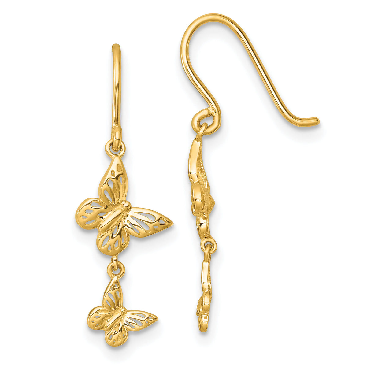 14k Polished Double Butterfly Moveable Dangle Shepherd Hook Earrings-YE2302