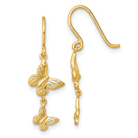 14k Polished Double Butterfly Moveable Dangle Shepherd Hook Earrings-YE2302