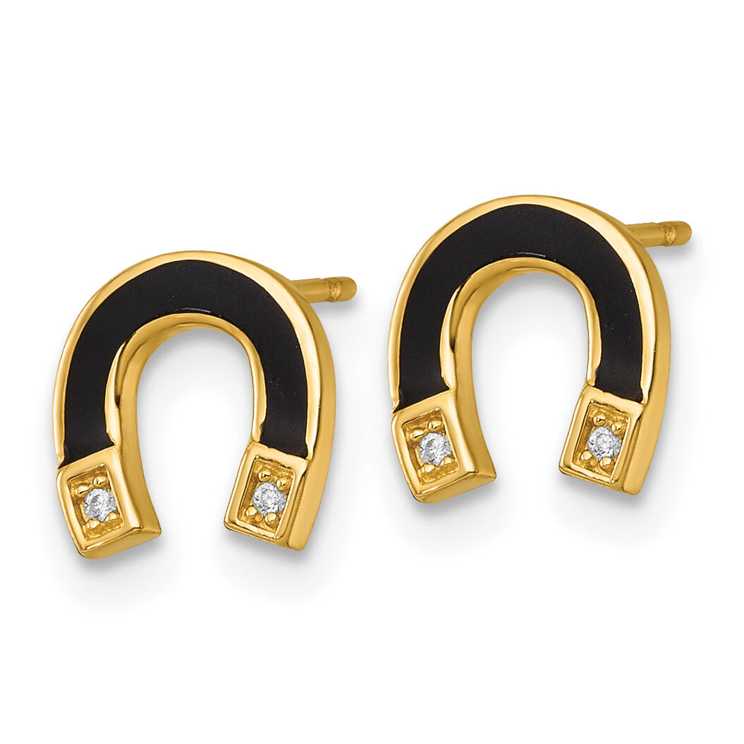 14k Polished Black Enamel and CZ Horseshoe Post Earrings-YE2304