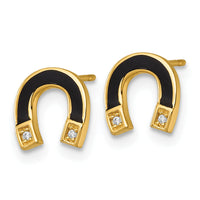 14k Polished Black Enamel and CZ Horseshoe Post Earrings-YE2304