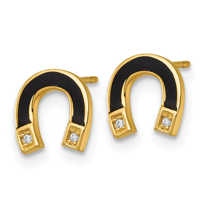 14k Polished Black Enamel and CZ Horseshoe Post Earrings-YE2304