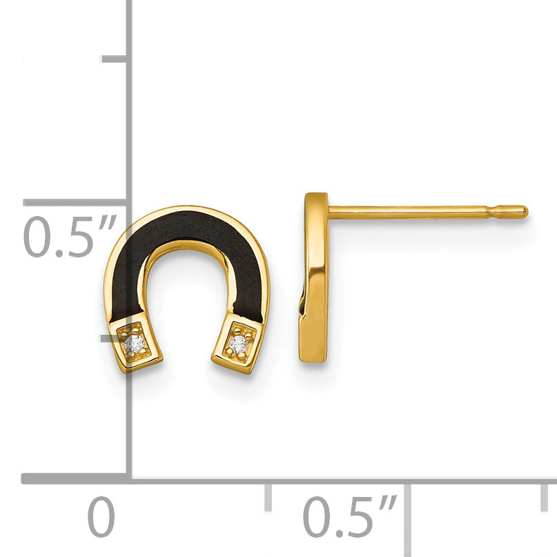 14k Polished Black Enamel and CZ Horseshoe Post Earrings-YE2304