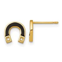 14k Polished Black Enamel and CZ Horseshoe Post Earrings-YE2304