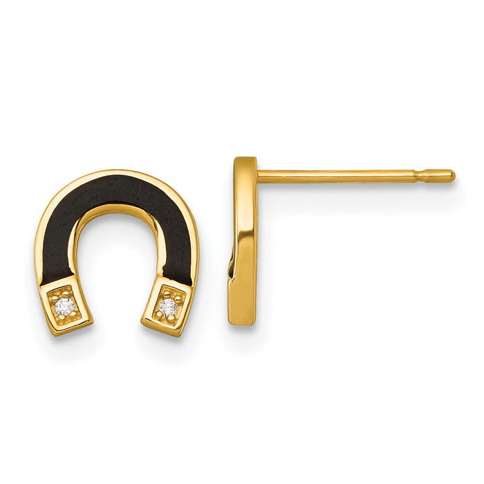 14k Polished Black Enamel and CZ Horseshoe Post Earrings-YE2304
