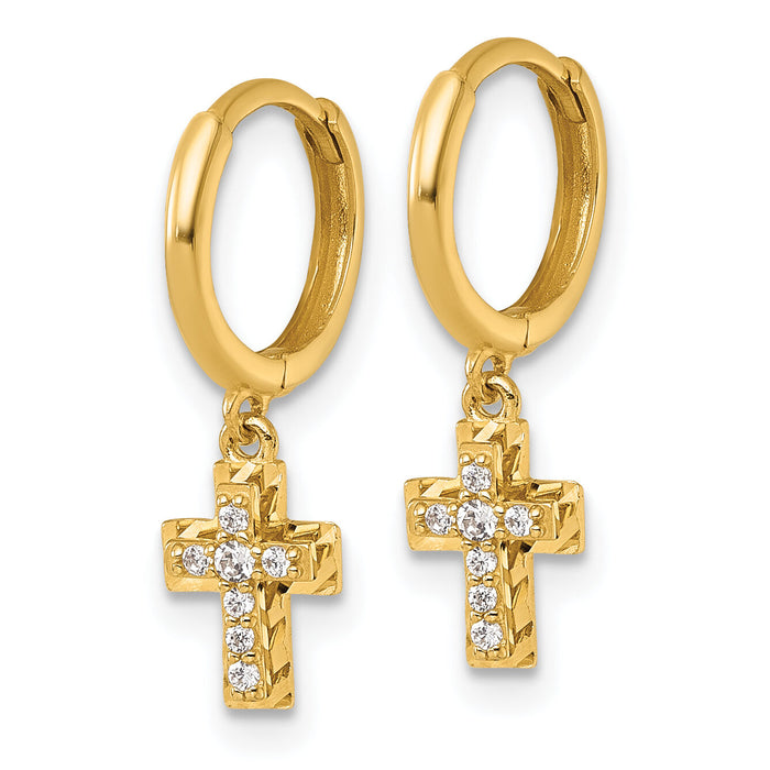 14k Polish D/C & CZ Dangle Cross Hinged Round Hoop Earrings-YE2315