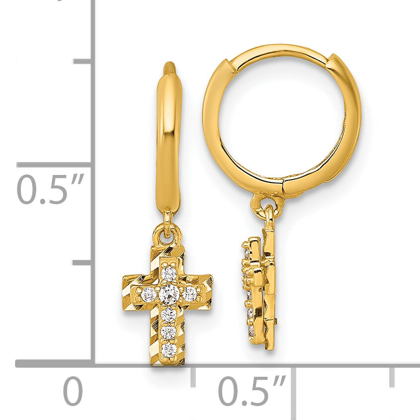 14k Polish D/C & CZ Dangle Cross Hinged Round Hoop Earrings-YE2315