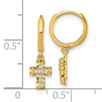 14k Polish D/C & CZ Dangle Cross Hinged Round Hoop Earrings-YE2315