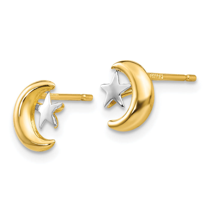 14k Polished & Rhodium Moon & Star Post Earrings-YE325