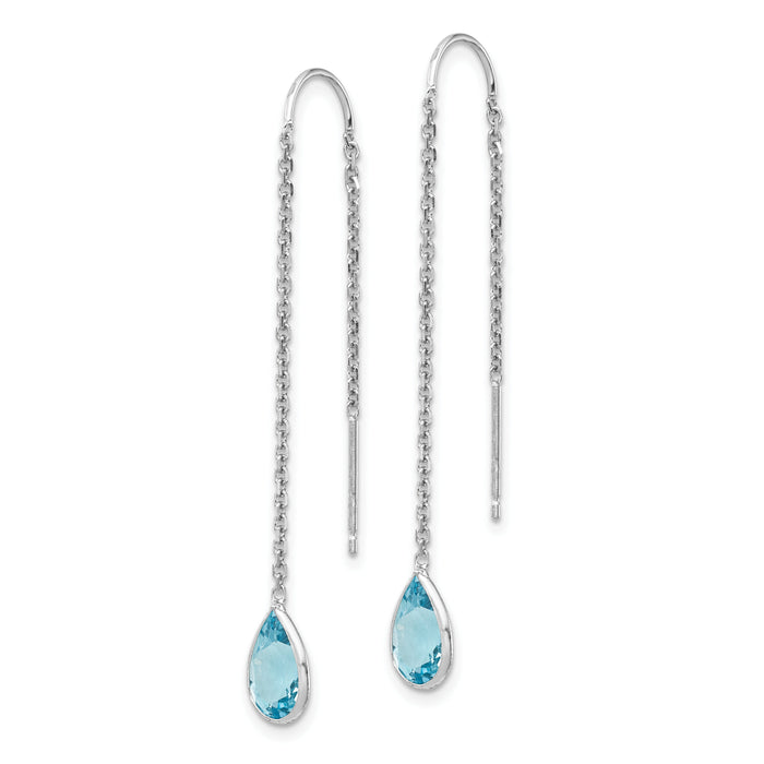 14k White Gold Blue Topaz Pear Bezel Threader Earrings-YE682