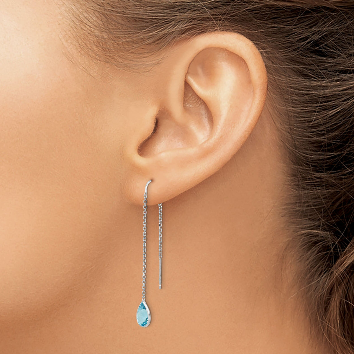 14k White Gold Blue Topaz Pear Bezel Threader Earrings-YE682