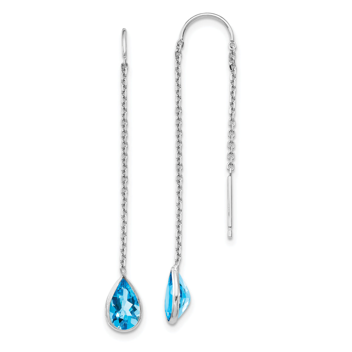 14k White Gold Blue Topaz Pear Bezel Threader Earrings-YE682