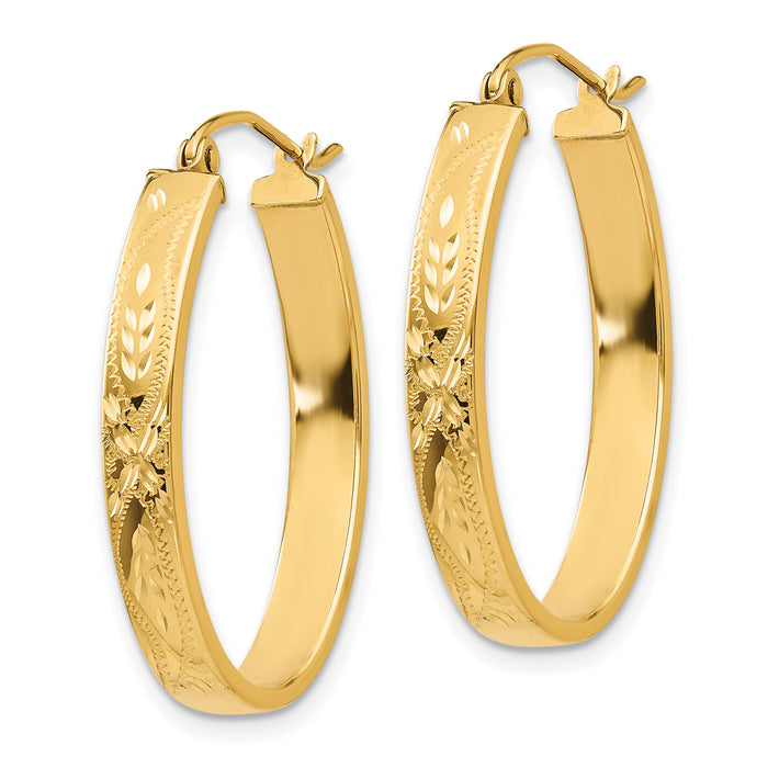 14k Satin & Diamond-Cut Oval Hoop Earrings-Z357