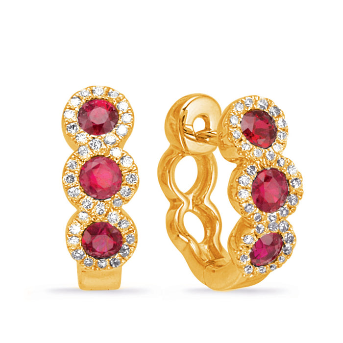 Yellow Gold Ruby & Diamond Huggie - E7856-RYG